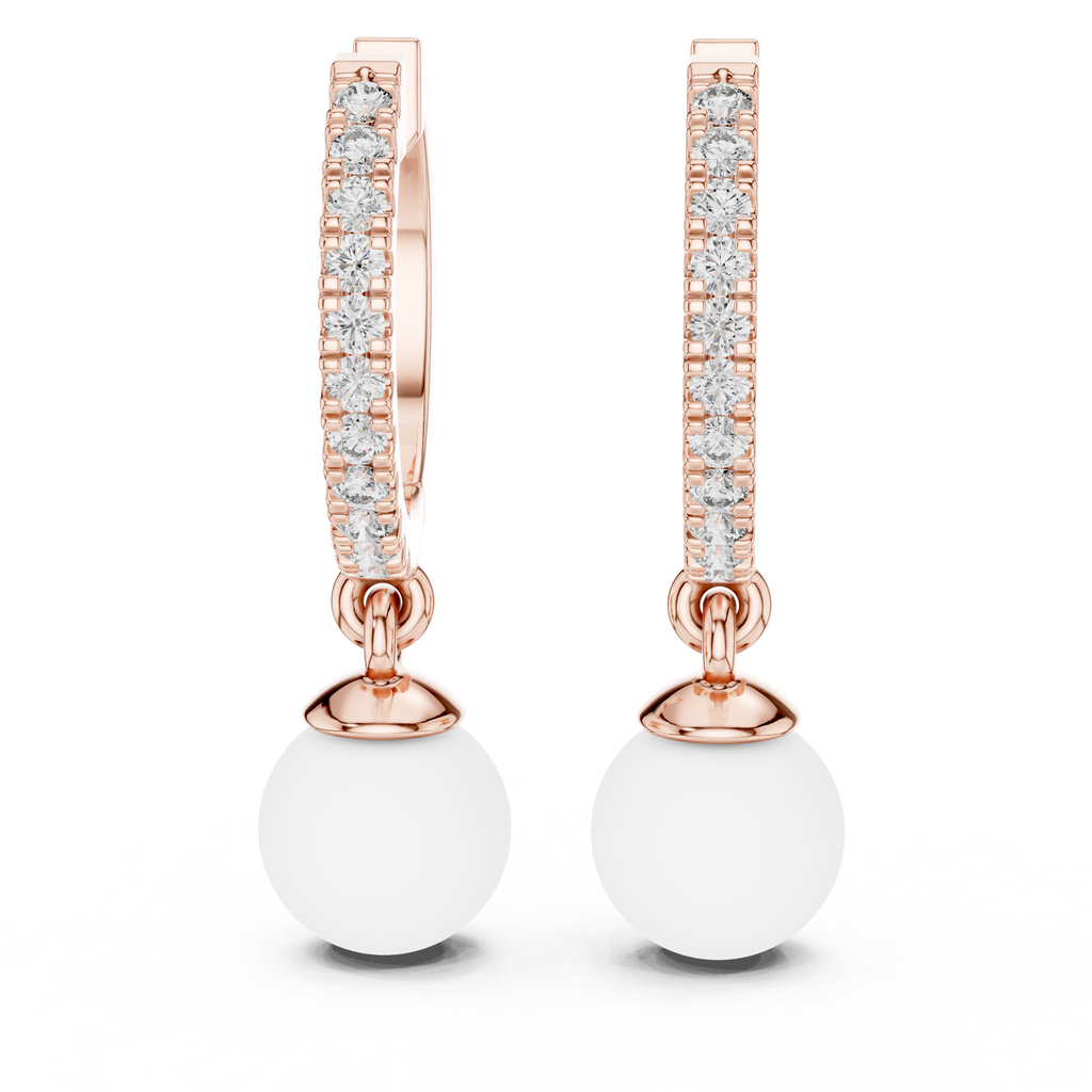 Rose Gold / 9 k Gold / Silver Diamond Hoop Earrings With Pearl Drop