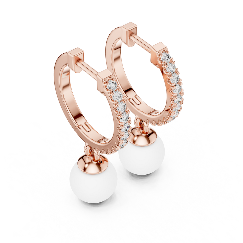 Rose Gold / 9 k Gold / Silver Diamond Hoop Earrings With Pearl Drop