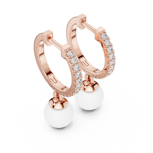 Rose Gold / 9 k Gold / Silver Diamond Hoop Earrings With Pearl Drop
