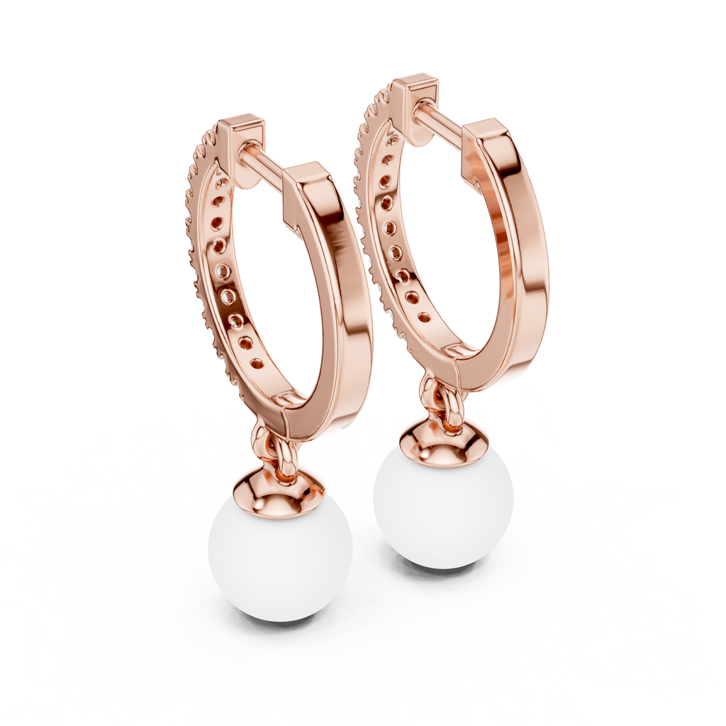 Rose Gold / 9 k Gold / Silver Diamond Hoop Earrings With Pearl Drop