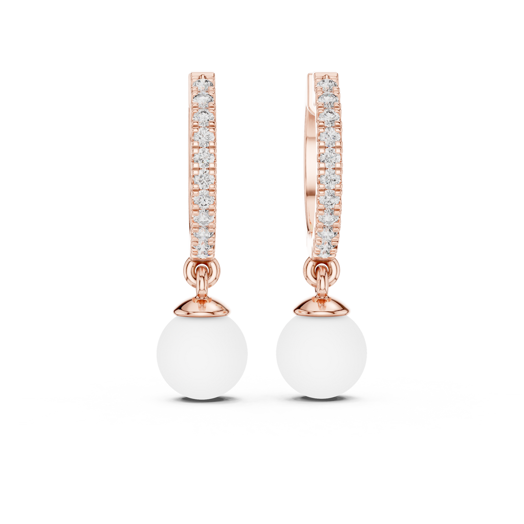 Rose Gold / 9 k Gold / Silver Diamond Hoop Earrings With Pearl Drop