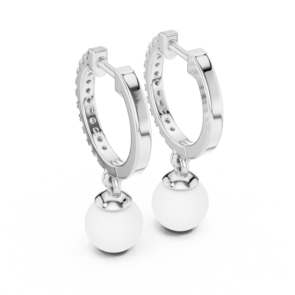 Rose Gold / 9 k Gold / Silver Diamond Hoop Earrings With Pearl Drop