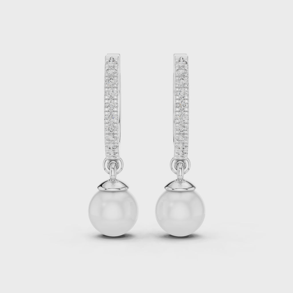 Rose Gold / 9 k Gold / Silver Diamond Hoop Earrings With Pearl Drop