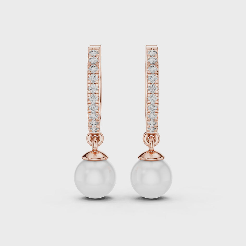 Rose Gold / 9 k Gold / Silver Diamond Hoop Earrings With Pearl Drop