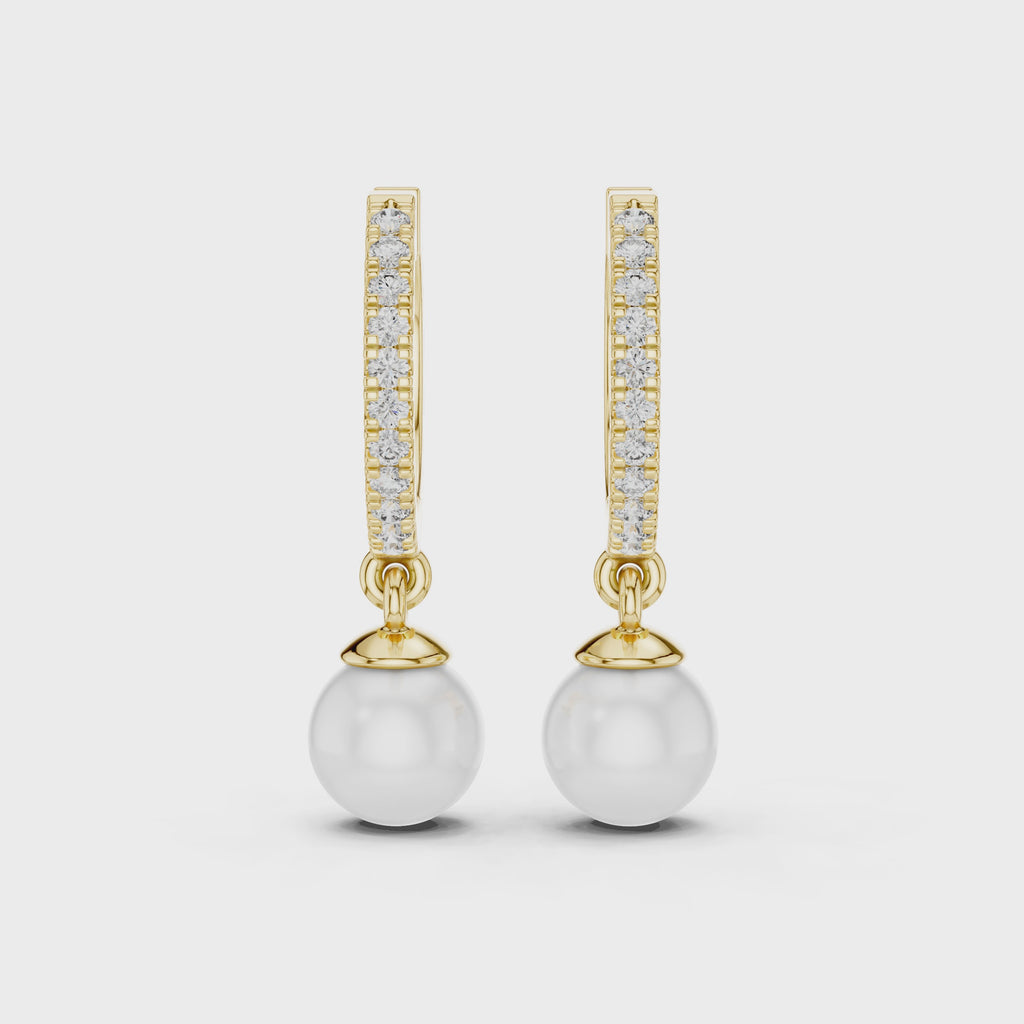 Rose Gold / 9 k Gold / Silver Diamond Hoop Earrings With Pearl Drop